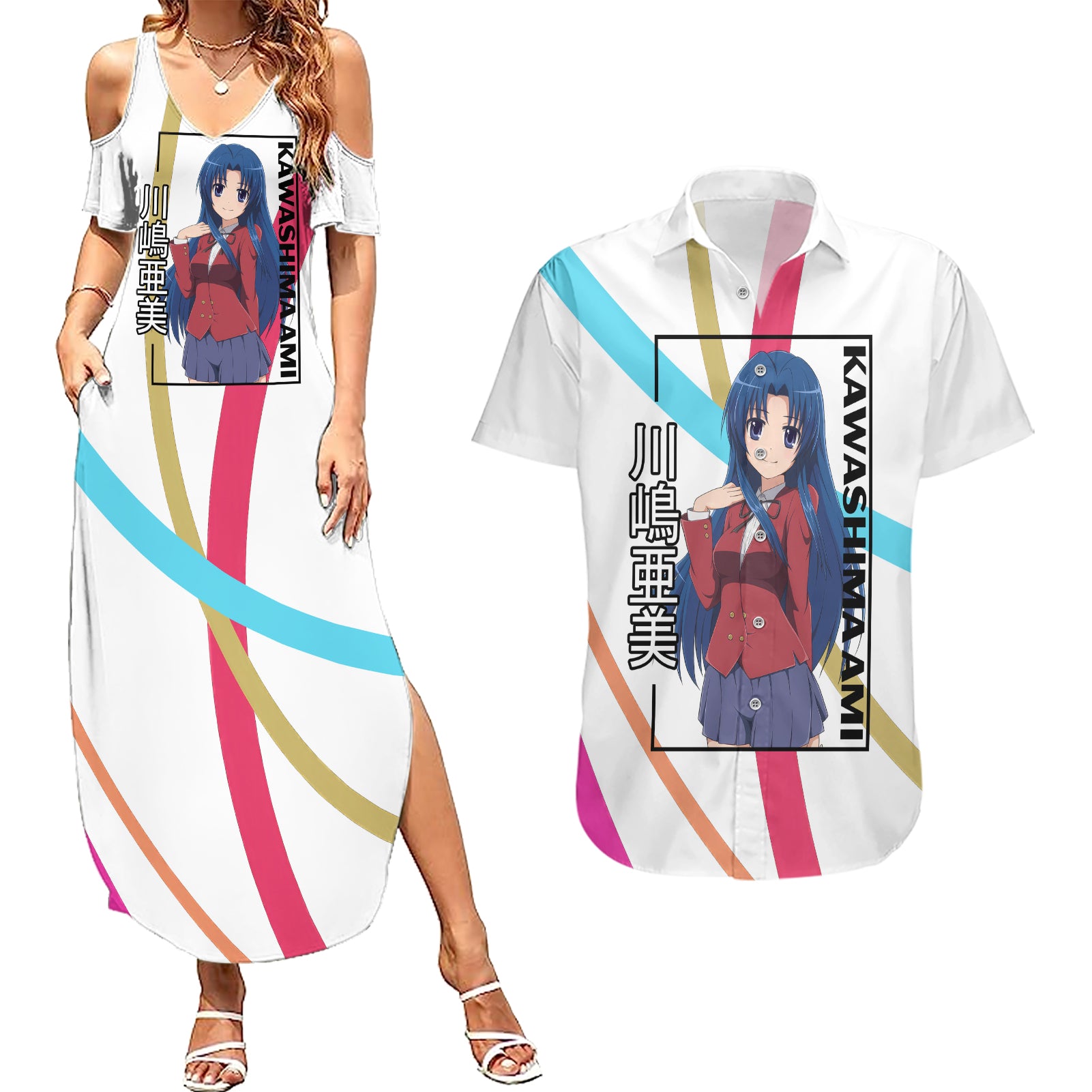 Kawashima Ami Couples Matching Summer Maxi Dress and Hawaiian Shirt Toradora Anime Style