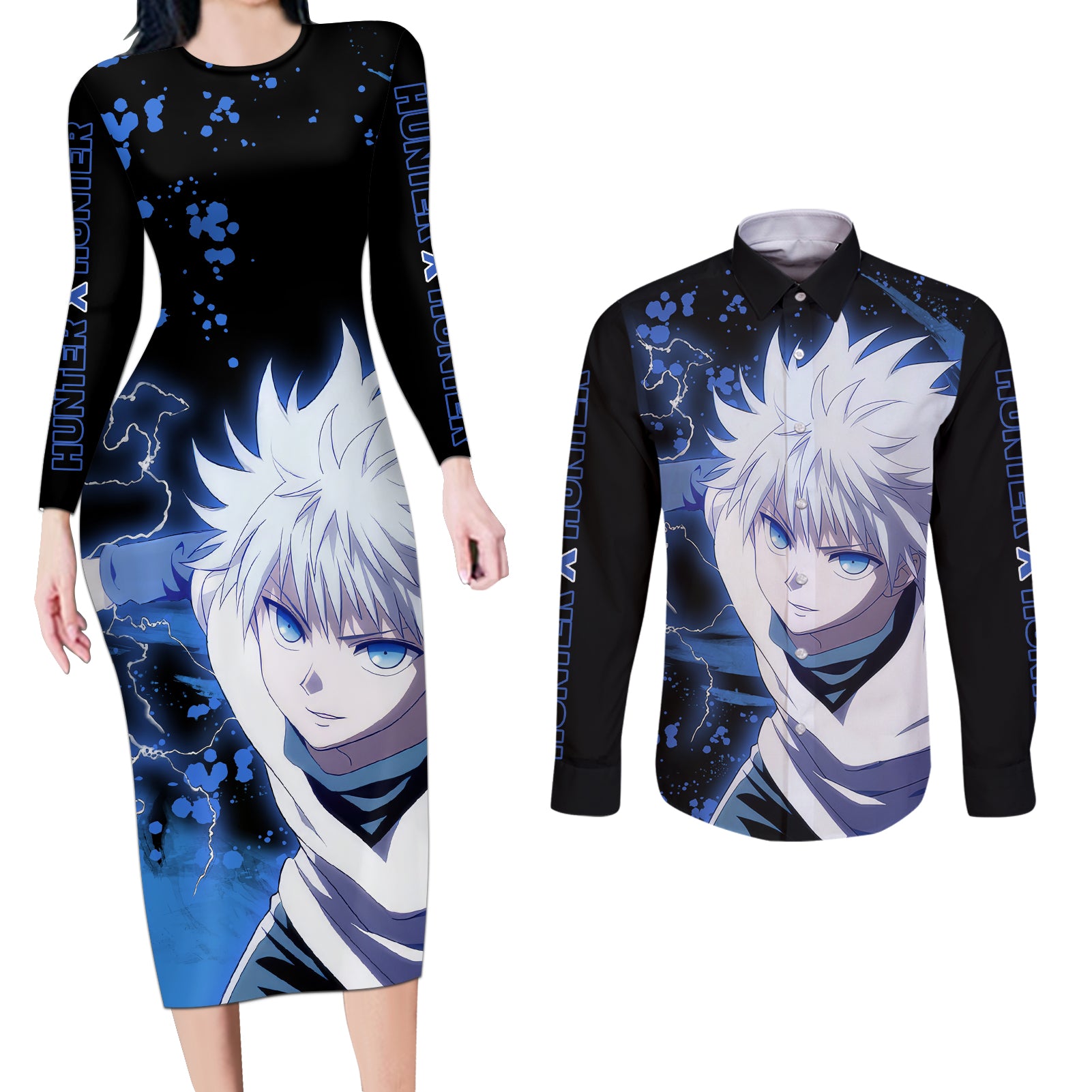 Killua Zoldyck Couples Matching Long Sleeve Bodycon Dress and Long Sleeve Button Shirt Hunter X Hunter