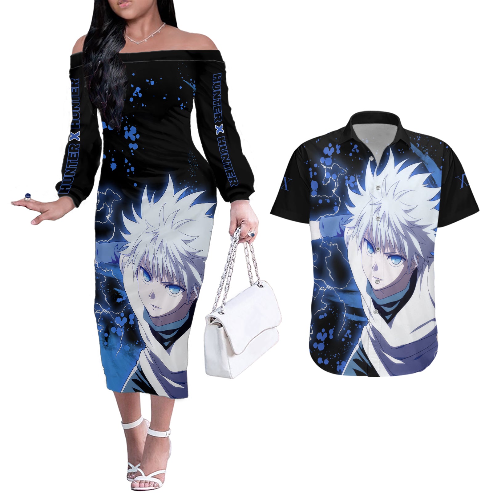 Killua Zoldyck Couples Matching Off The Shoulder Long Sleeve Dress and Hawaiian Shirt Hunter X Hunter