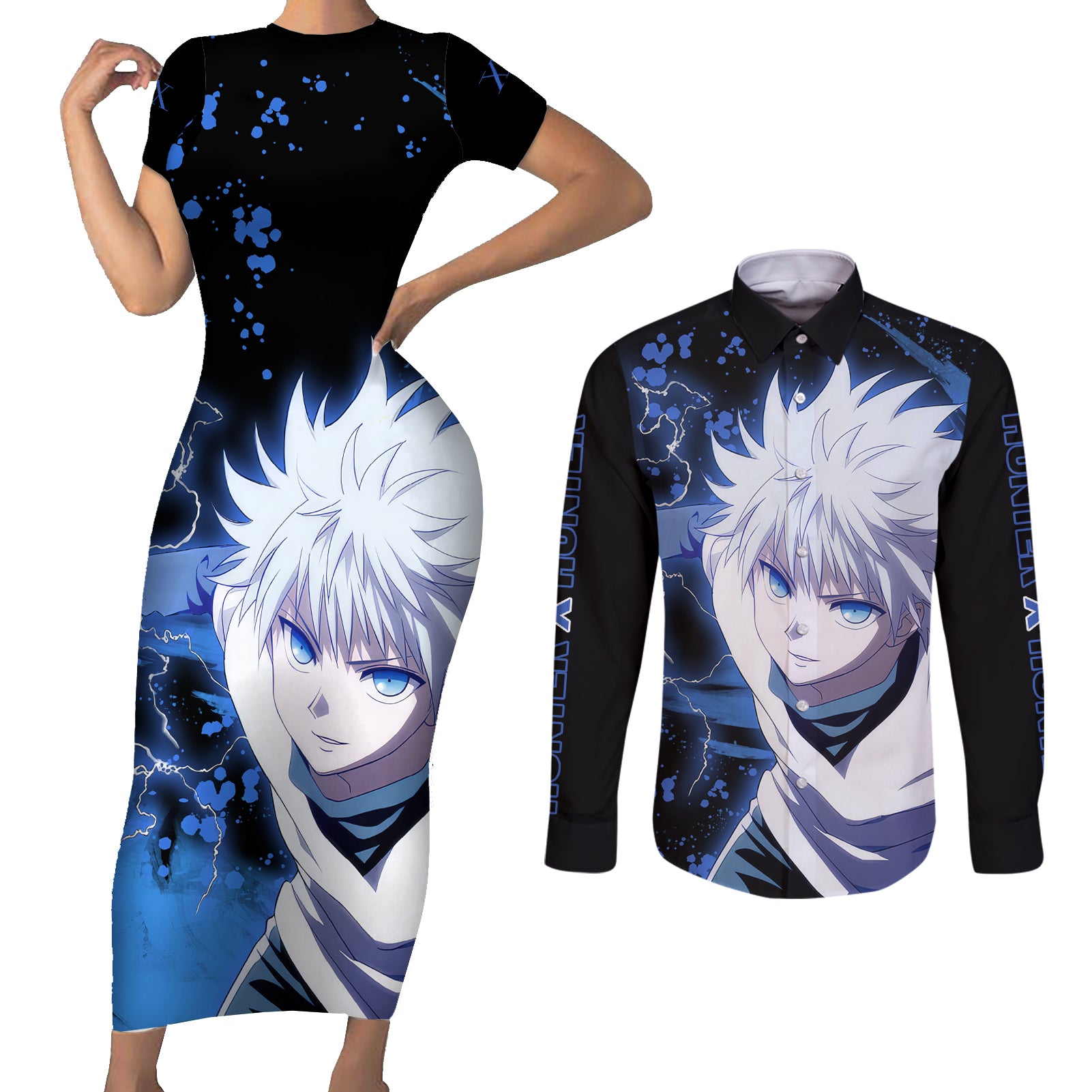 Killua Zoldyck Couples Matching Short Sleeve Bodycon Dress and Long Sleeve Button Shirt Hunter X Hunter