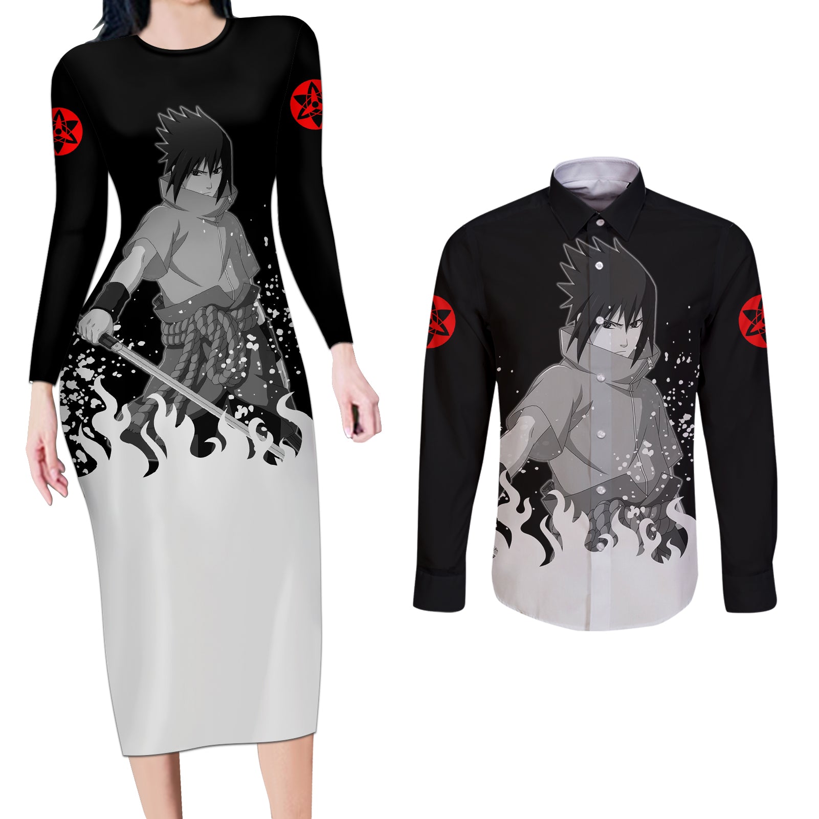 Sasuke Uchiha Couples Matching Long Sleeve Bodycon Dress and Long Sleeve Button Shirt Naruto