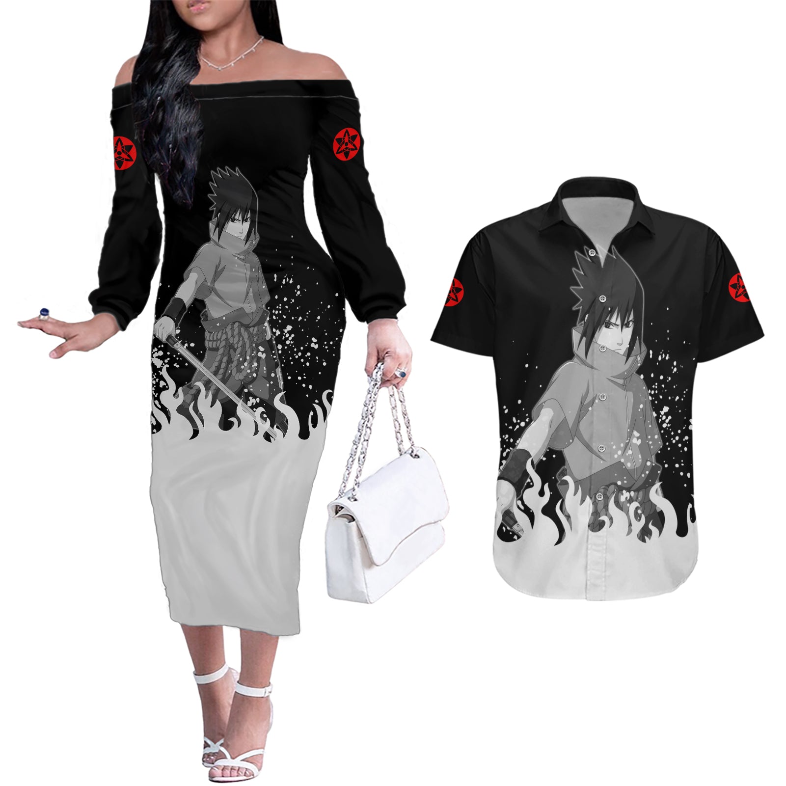 Sasuke Uchiha Couples Matching Off The Shoulder Long Sleeve Dress and Hawaiian Shirt Naruto