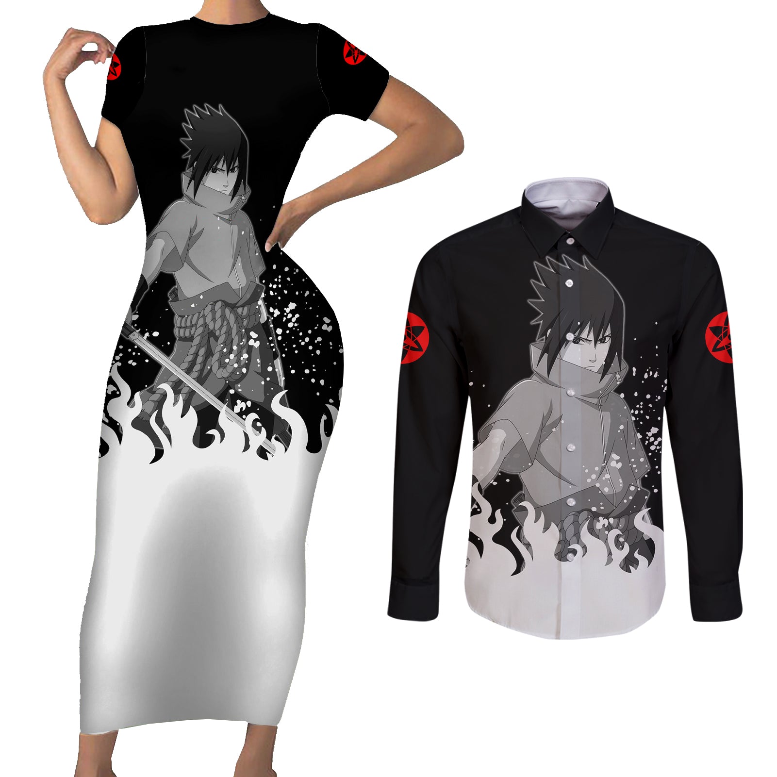 Sasuke Uchiha Couples Matching Short Sleeve Bodycon Dress and Long Sleeve Button Shirt Naruto