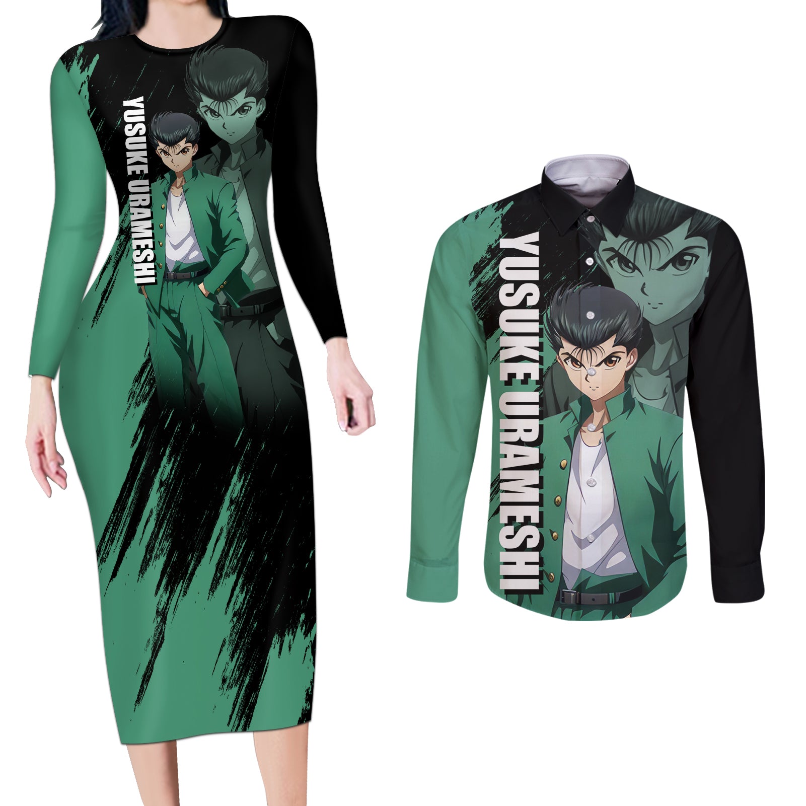 Yusuke Urameshi Couples Matching Long Sleeve Bodycon Dress and Long Sleeve Button Shirt Yu Yu Hakusho Anime Style