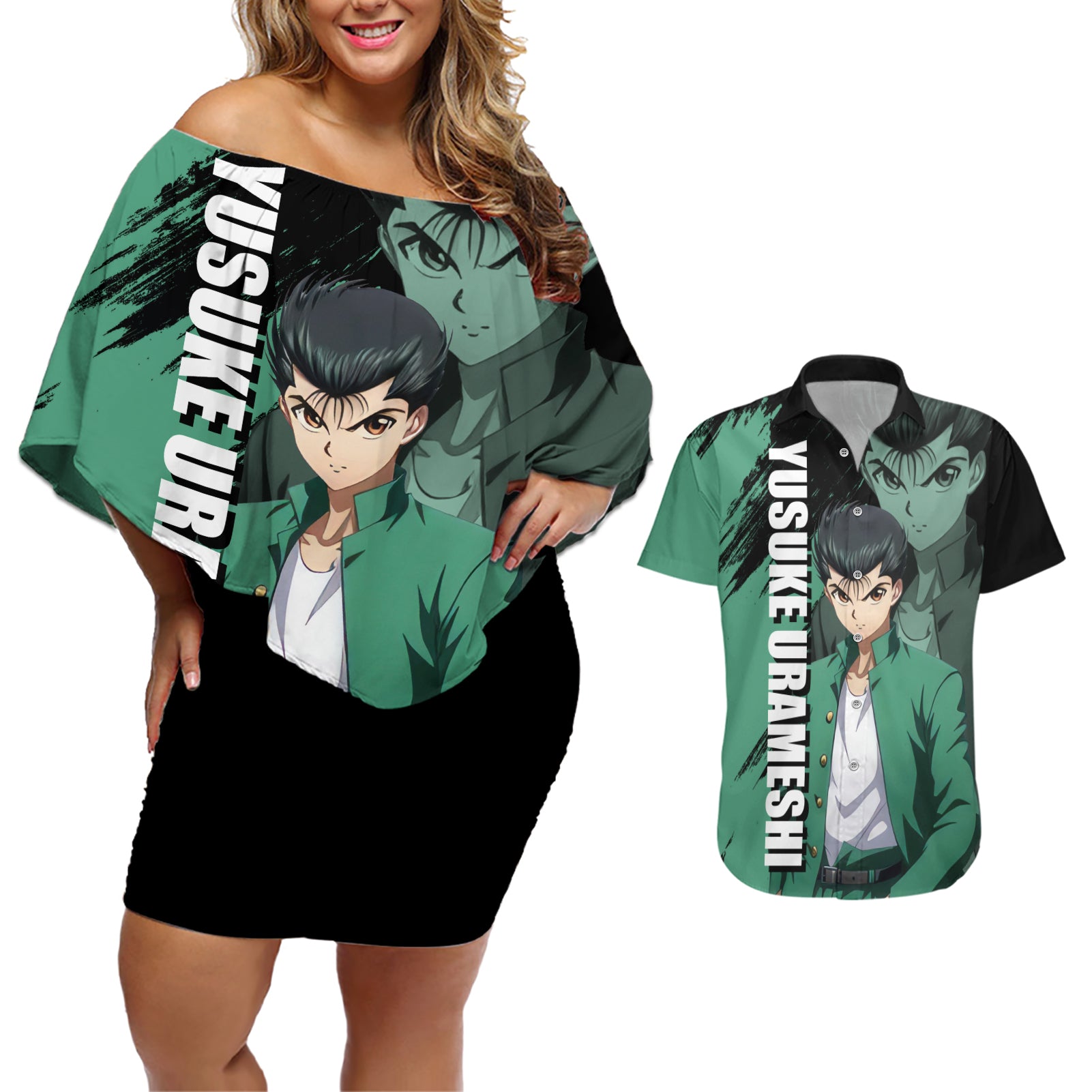 Yusuke Urameshi Couples Matching Off Shoulder Short Dress and Hawaiian Shirt Yu Yu Hakusho Anime Style