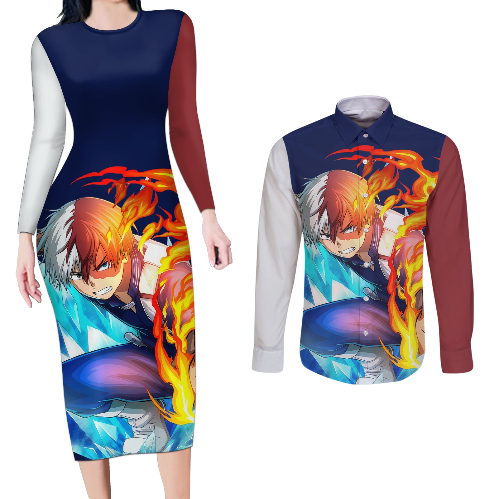 Shoto Todoroki Couples Matching Long Sleeve Bodycon Dress and Long Sleeve Button Shirt My Hero Academia