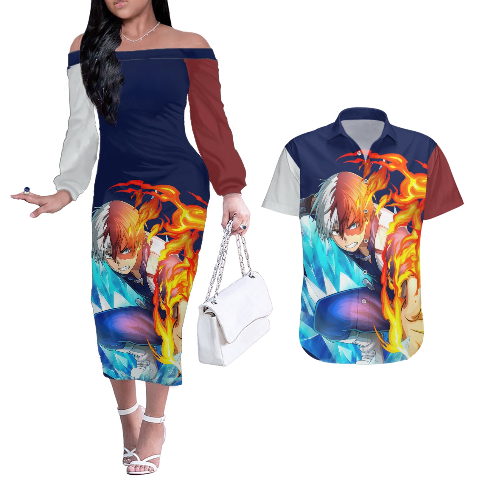 Shoto Todoroki Couples Matching Off The Shoulder Long Sleeve Dress and Hawaiian Shirt My Hero Academia