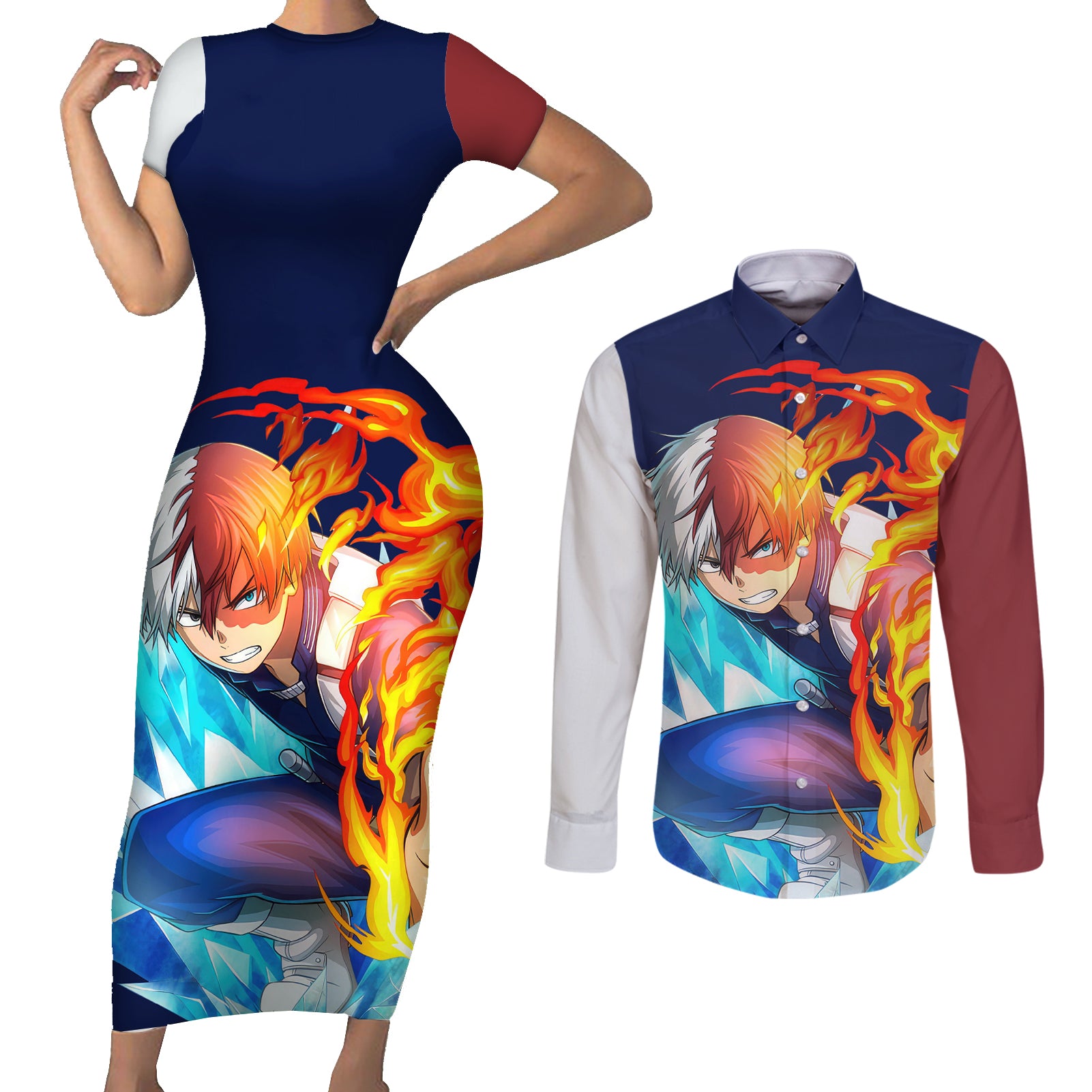 Shoto Todoroki Couples Matching Short Sleeve Bodycon Dress and Long Sleeve Button Shirt My Hero Academia