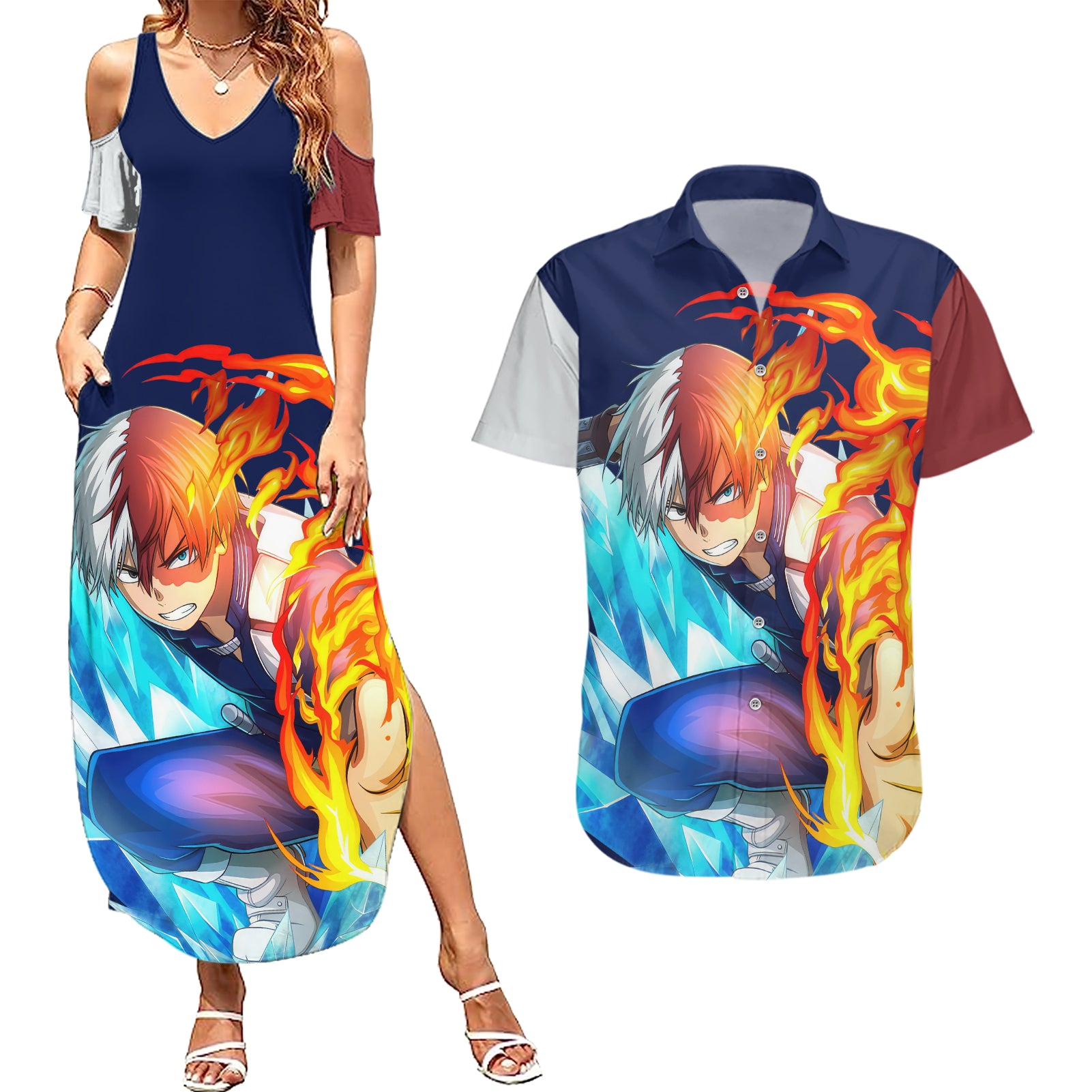 Shoto Todoroki Couples Matching Summer Maxi Dress and Hawaiian Shirt My Hero Academia