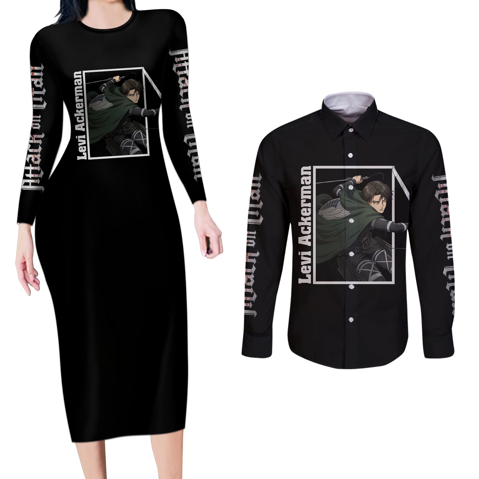 Levi Ackerman Couples Matching Long Sleeve Bodycon Dress and Long Sleeve Button Shirt Attack On Titan Anime Style