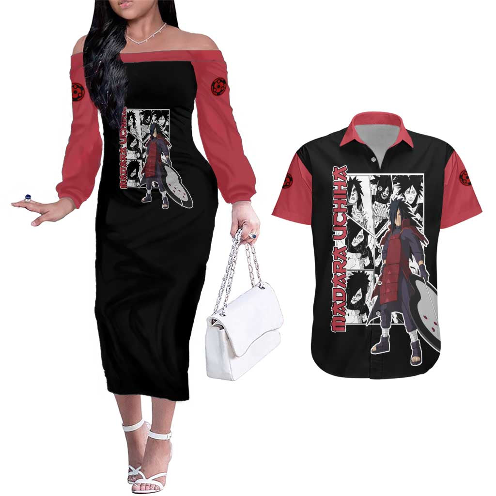 Madara Uchiha - Naruto Couples Matching Off The Shoulder Long Sleeve Dress and Hawaiian Shirt Anime Mix Manga Style