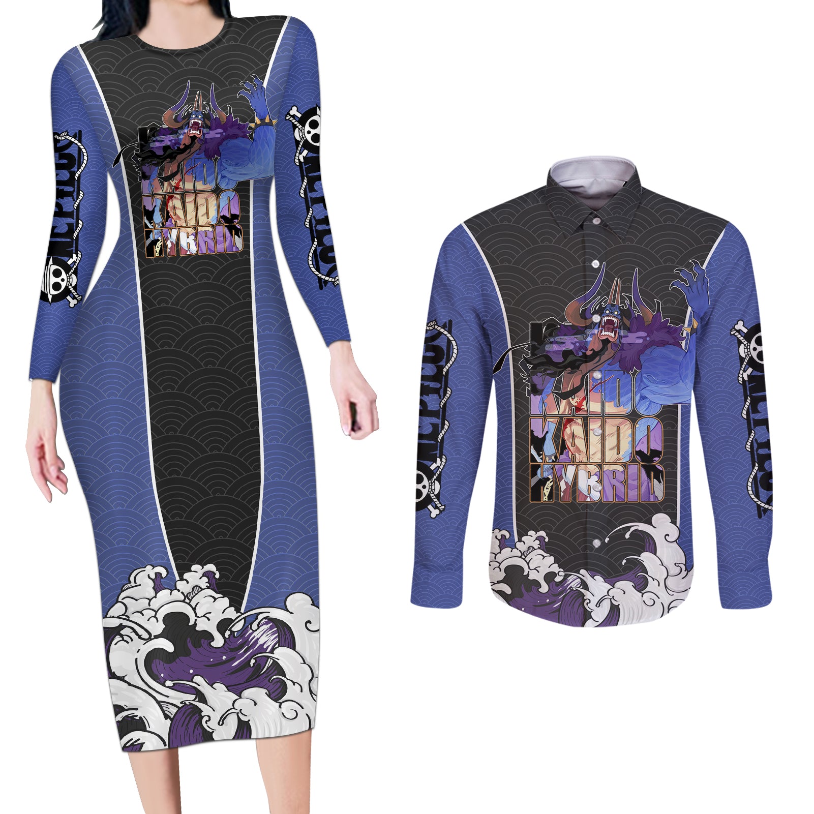 Kaido Hybrid - One Piece Couples Matching Long Sleeve Bodycon Dress and Long Sleeve Button Shirt Japan Anime Style