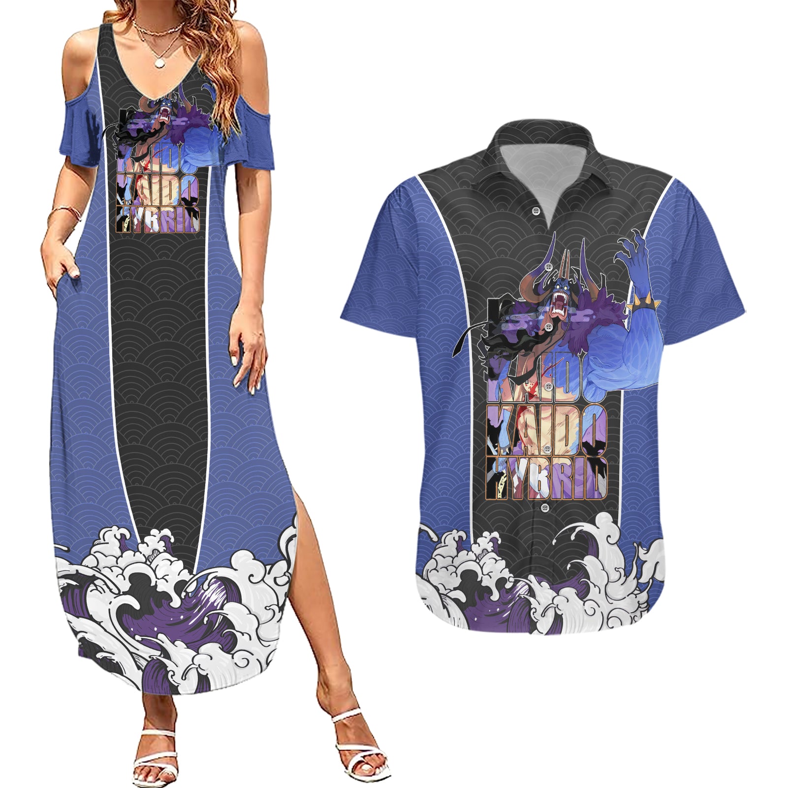 Kaido Hybrid - One Piece Couples Matching Summer Maxi Dress and Hawaiian Shirt Japan Anime Style