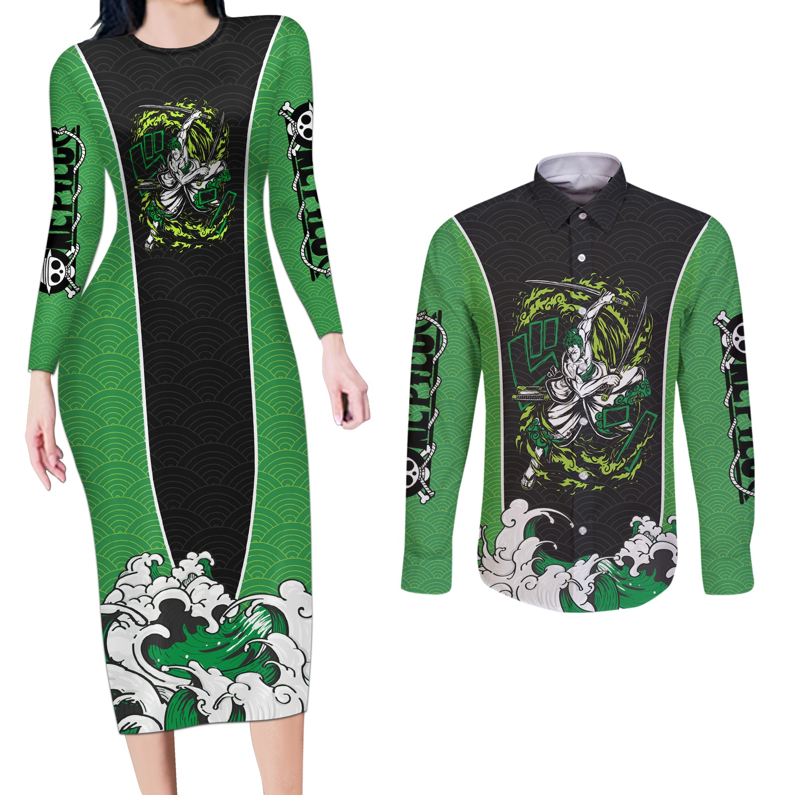 Roronoa Zoro - One Piece Couples Matching Long Sleeve Bodycon Dress and Long Sleeve Button Shirt Anime Japan Style