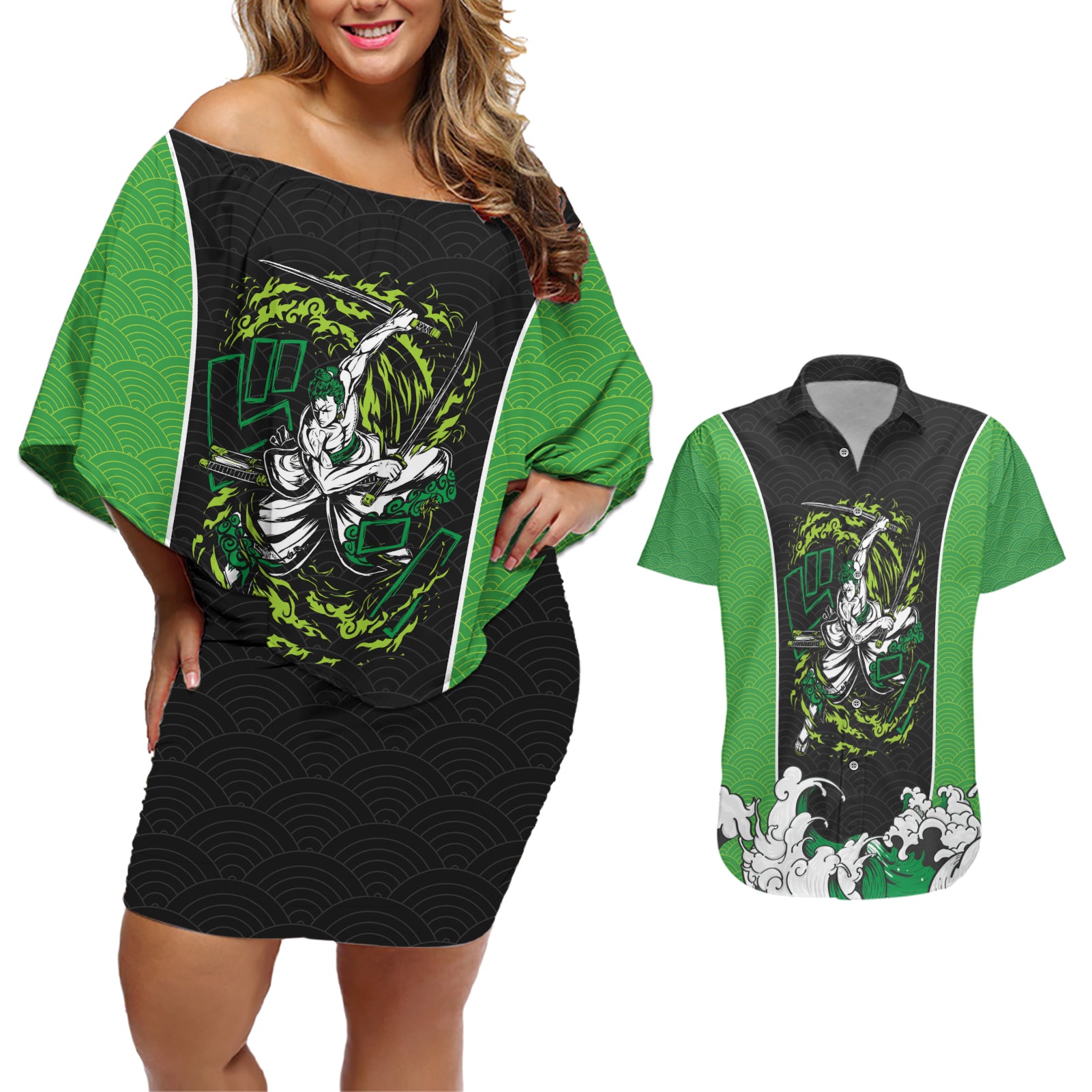 Roronoa Zoro - One Piece Couples Matching Off Shoulder Short Dress and Hawaiian Shirt Anime Japan Style