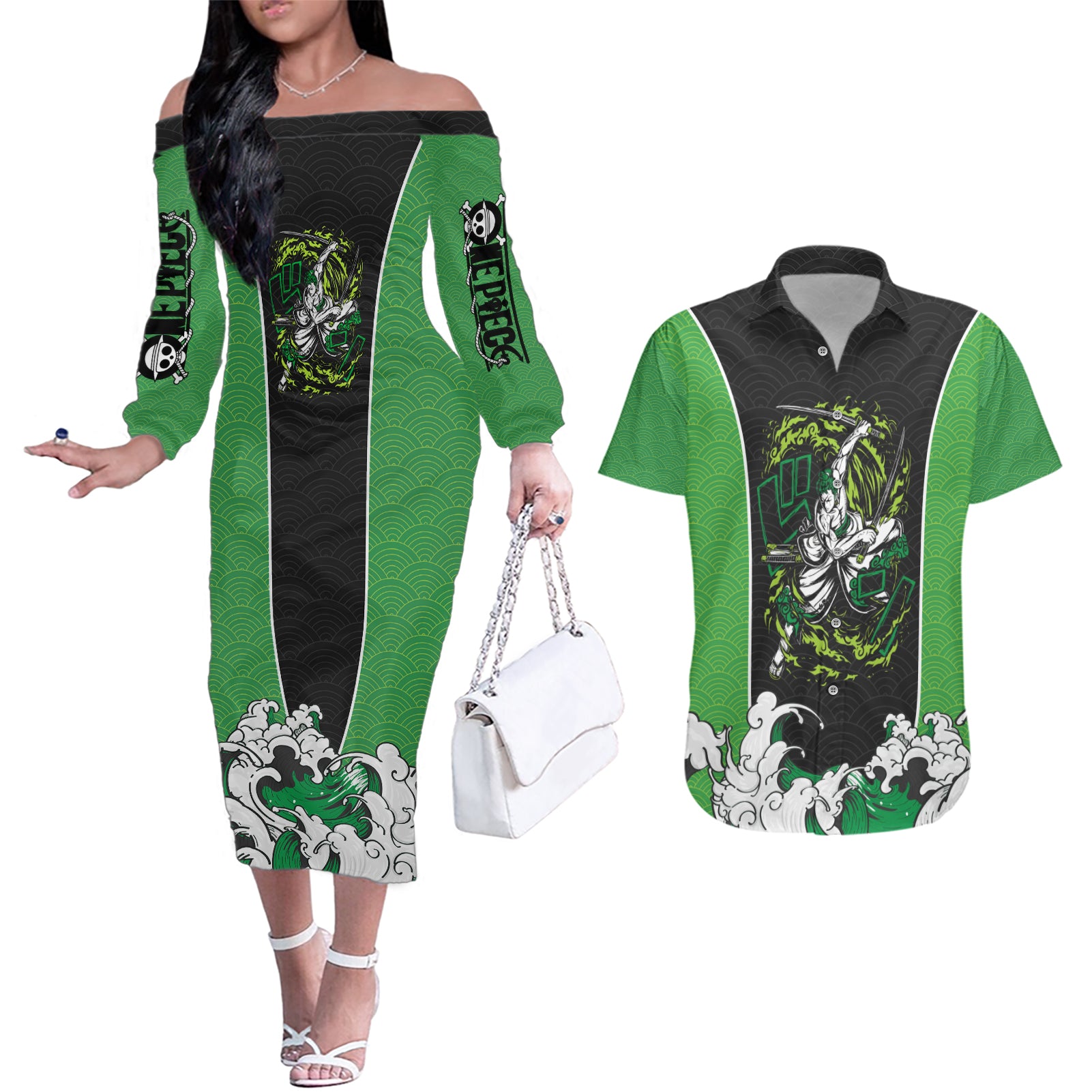 Roronoa Zoro - One Piece Couples Matching Off The Shoulder Long Sleeve Dress and Hawaiian Shirt Anime Japan Style