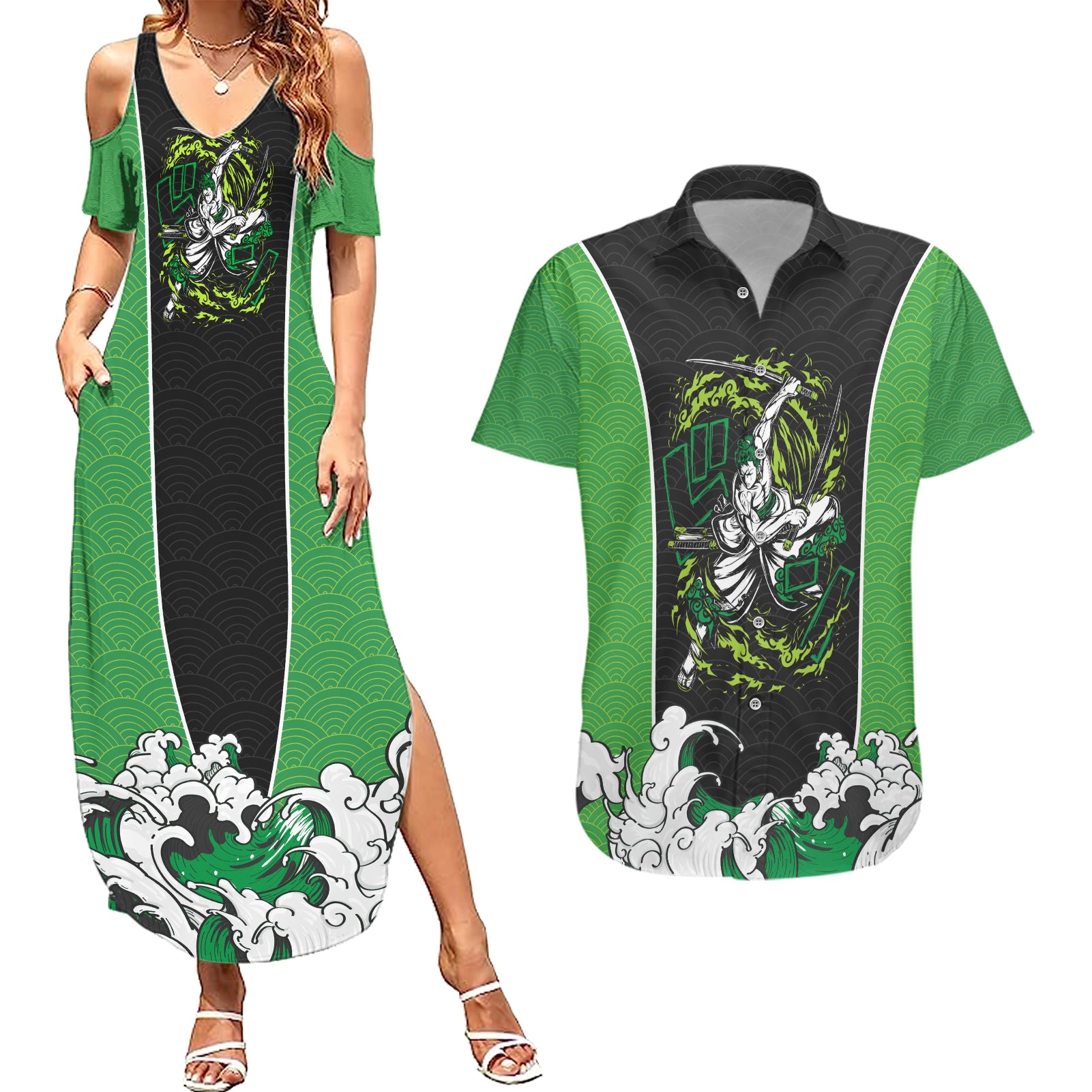 Roronoa Zoro - One Piece Couples Matching Summer Maxi Dress and Hawaiian Shirt Anime Japan Style