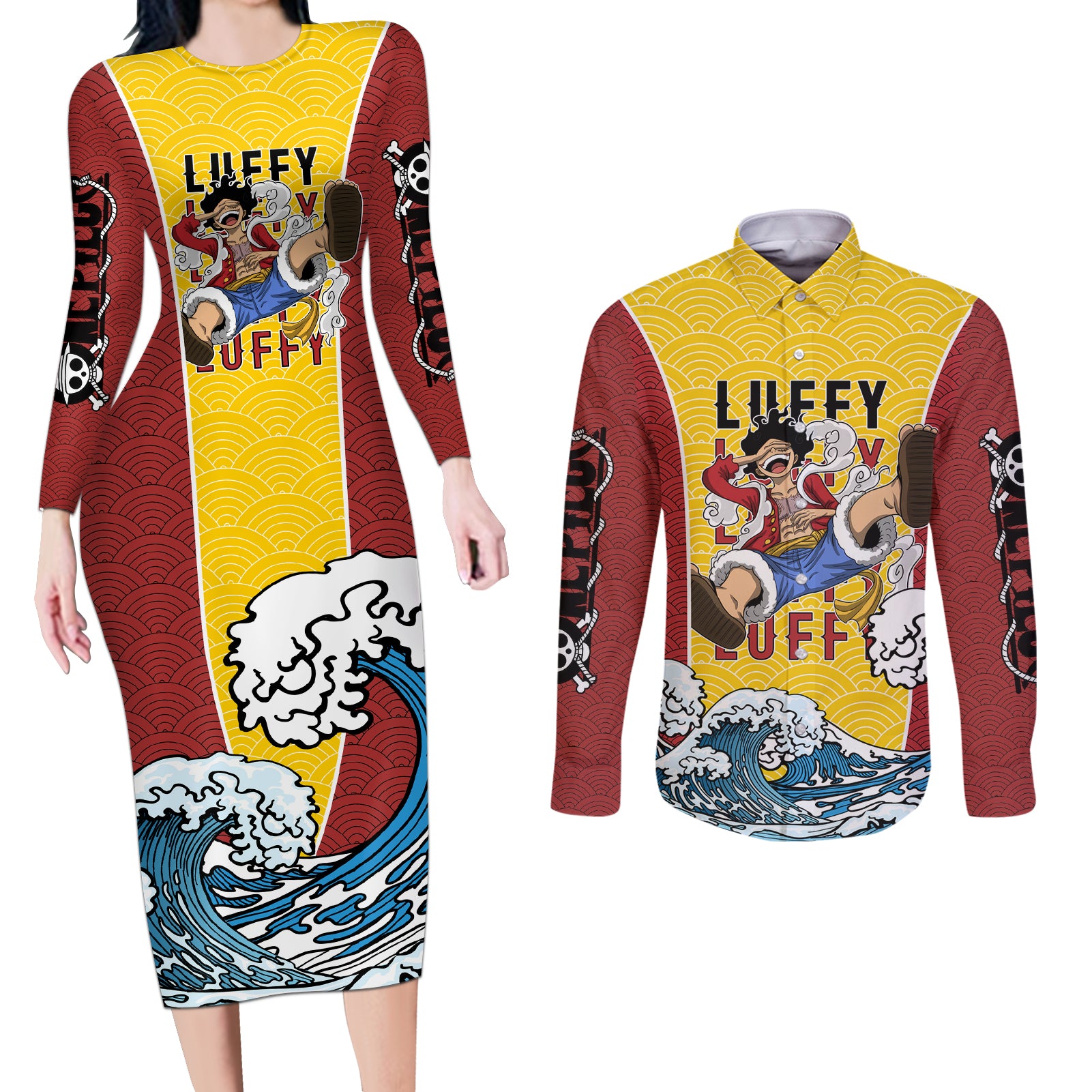 Luffy - One Piece Couples Matching Long Sleeve Bodycon Dress and Long Sleeve Button Shirt Anime Japan Style