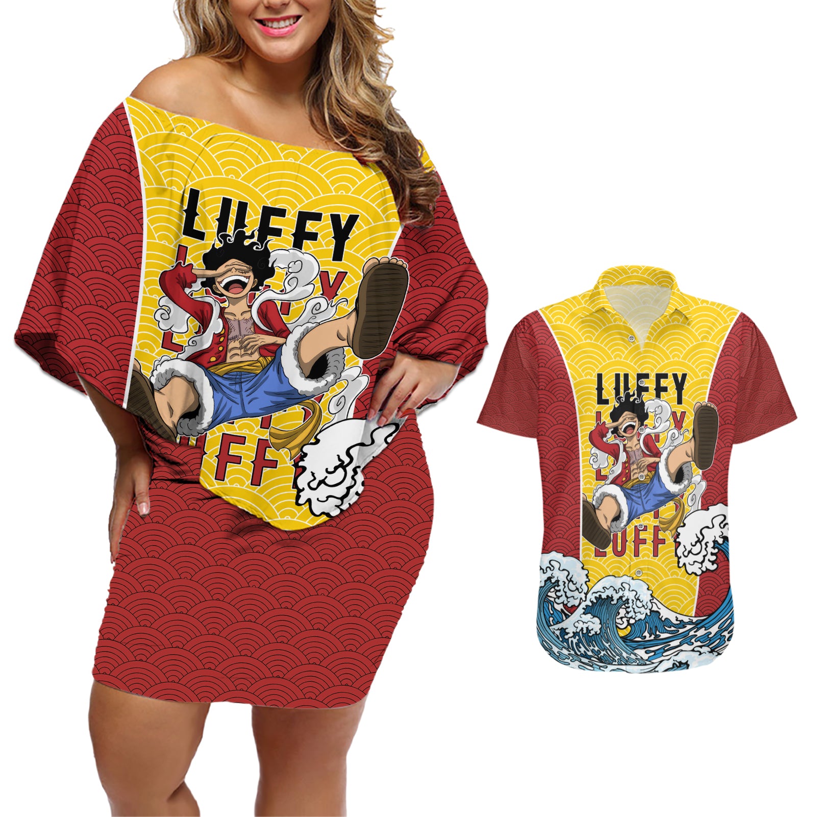 Luffy - One Piece Couples Matching Off Shoulder Short Dress and Hawaiian Shirt Anime Japan Style