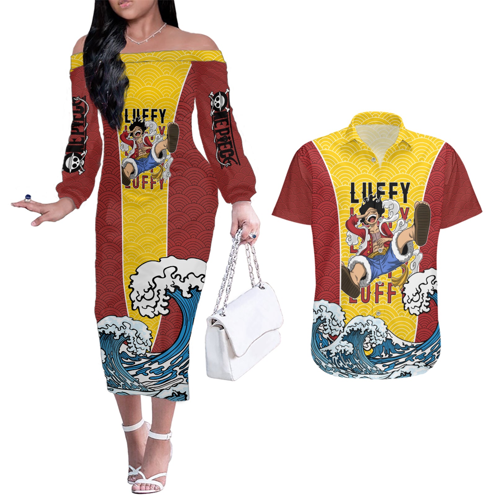 Luffy - One Piece Couples Matching Off The Shoulder Long Sleeve Dress and Hawaiian Shirt Anime Japan Style