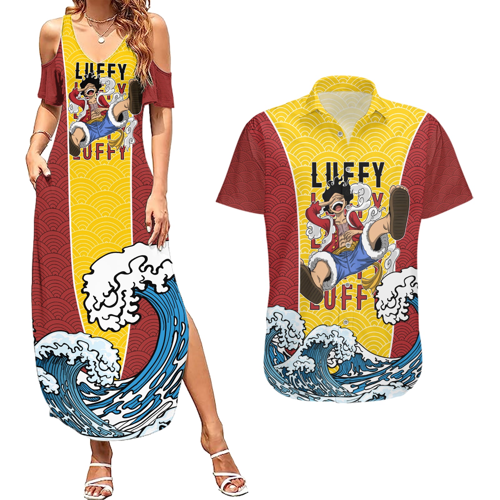 Luffy - One Piece Couples Matching Summer Maxi Dress and Hawaiian Shirt Anime Japan Style