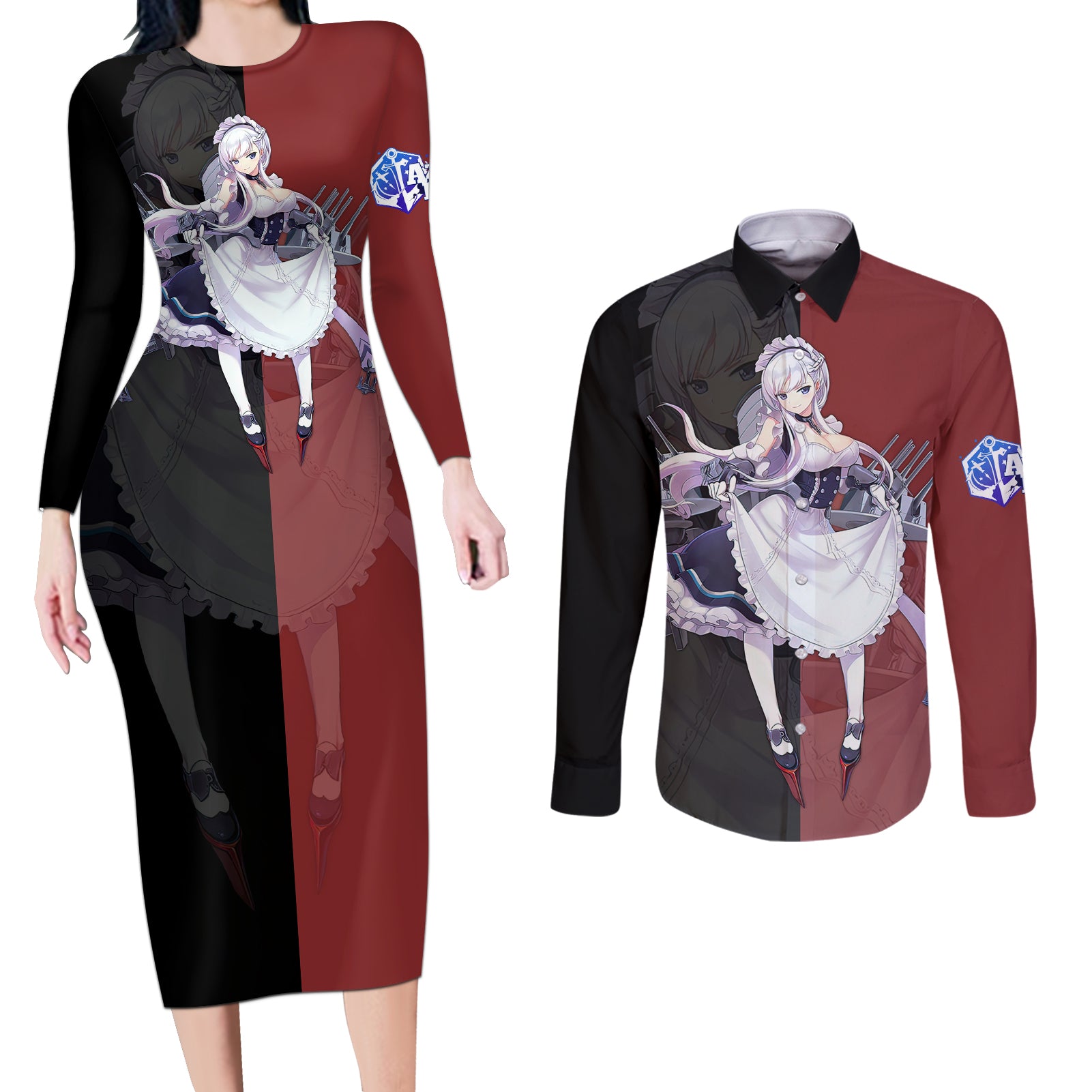 Belfast - Azur Lane Couples Matching Long Sleeve Bodycon Dress and Long Sleeve Button Shirt Anime Game Style