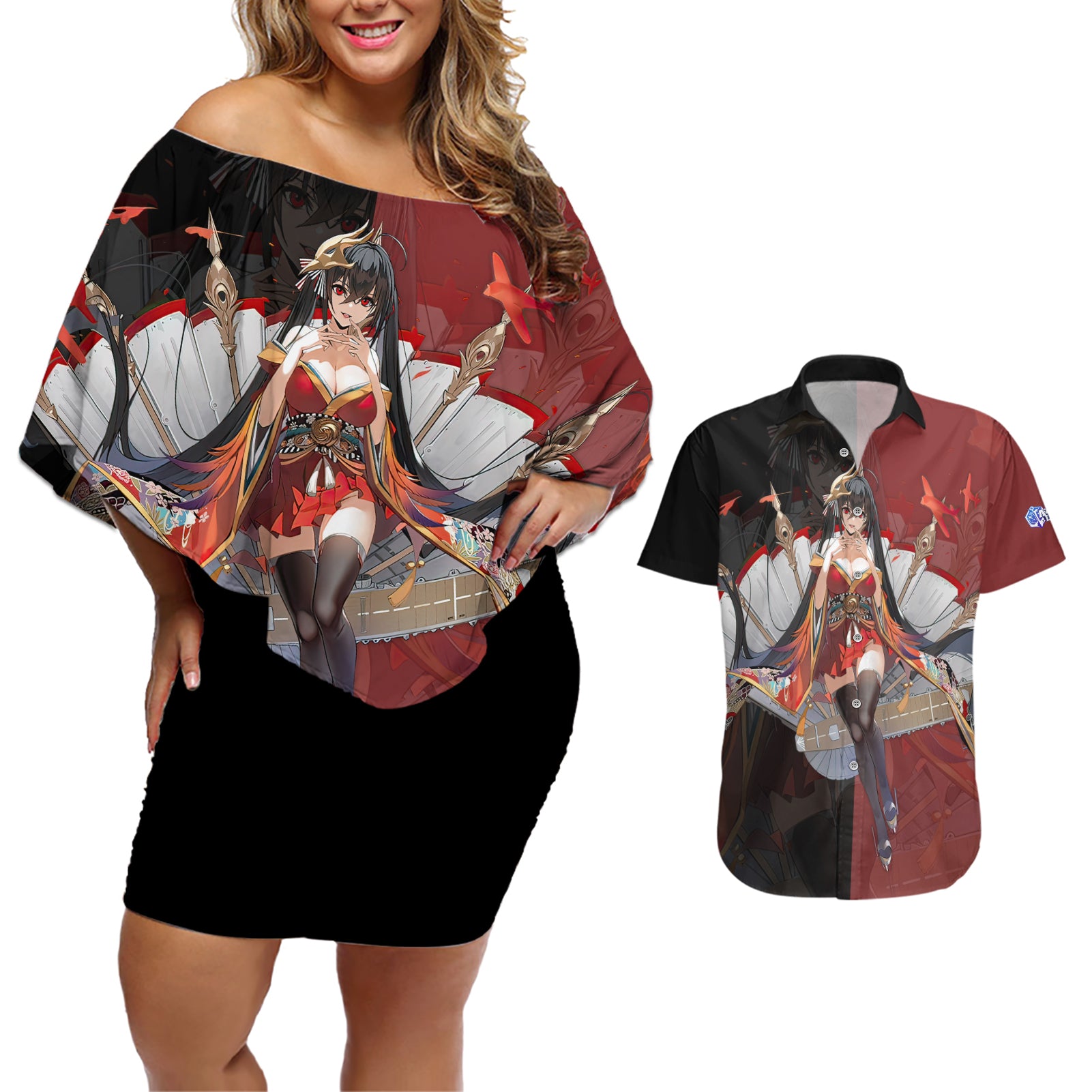 Taihou - Azur Lane Couples Matching Off Shoulder Short Dress and Hawaiian Shirt Anime Game Style