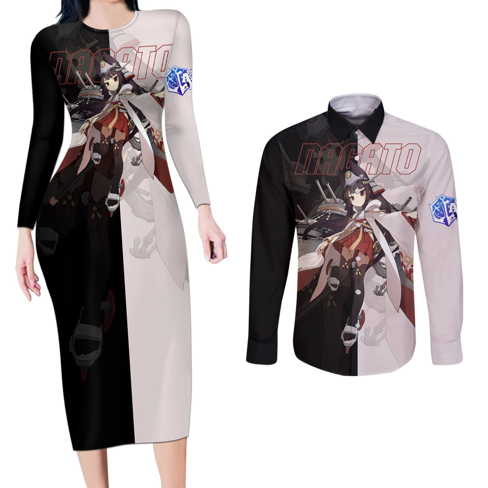 Nagato - Azur Lane Couples Matching Long Sleeve Bodycon Dress and Long Sleeve Button Shirt Anime Game Style