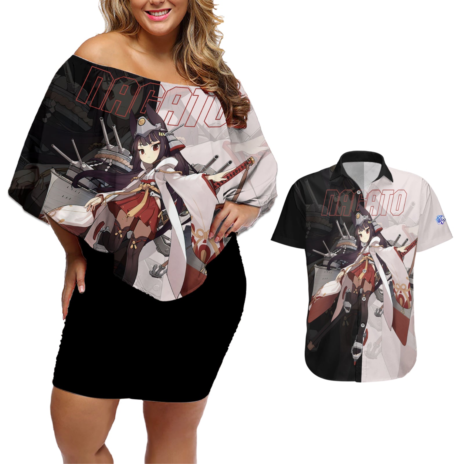 Nagato - Azur Lane Couples Matching Off Shoulder Short Dress and Hawaiian Shirt Anime Game Style