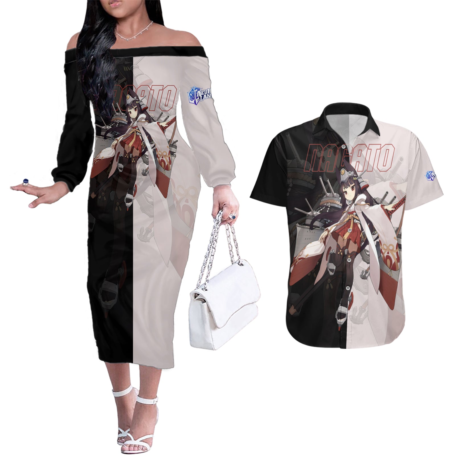 Nagato - Azur Lane Couples Matching Off The Shoulder Long Sleeve Dress and Hawaiian Shirt Anime Game Style