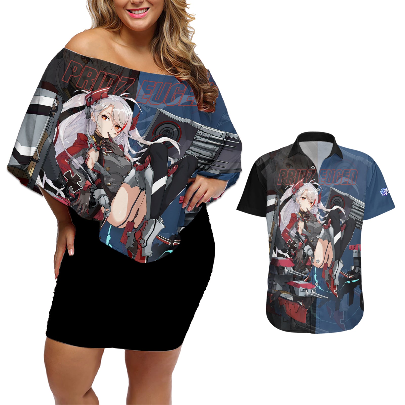 Prinz Eugen - Azur Lane Couples Matching Off Shoulder Short Dress and Hawaiian Shirt Anime Game Style