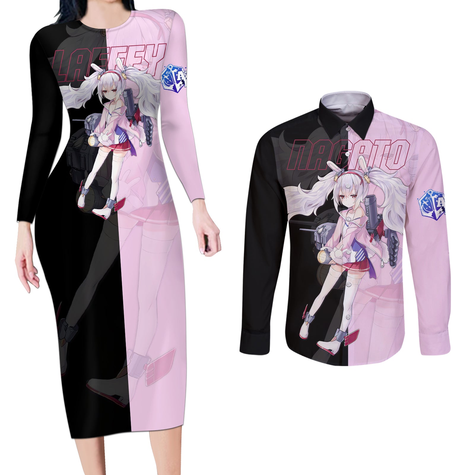 Laffey - Azur Lane Couples Matching Long Sleeve Bodycon Dress and Long Sleeve Button Shirt Anime Game Style