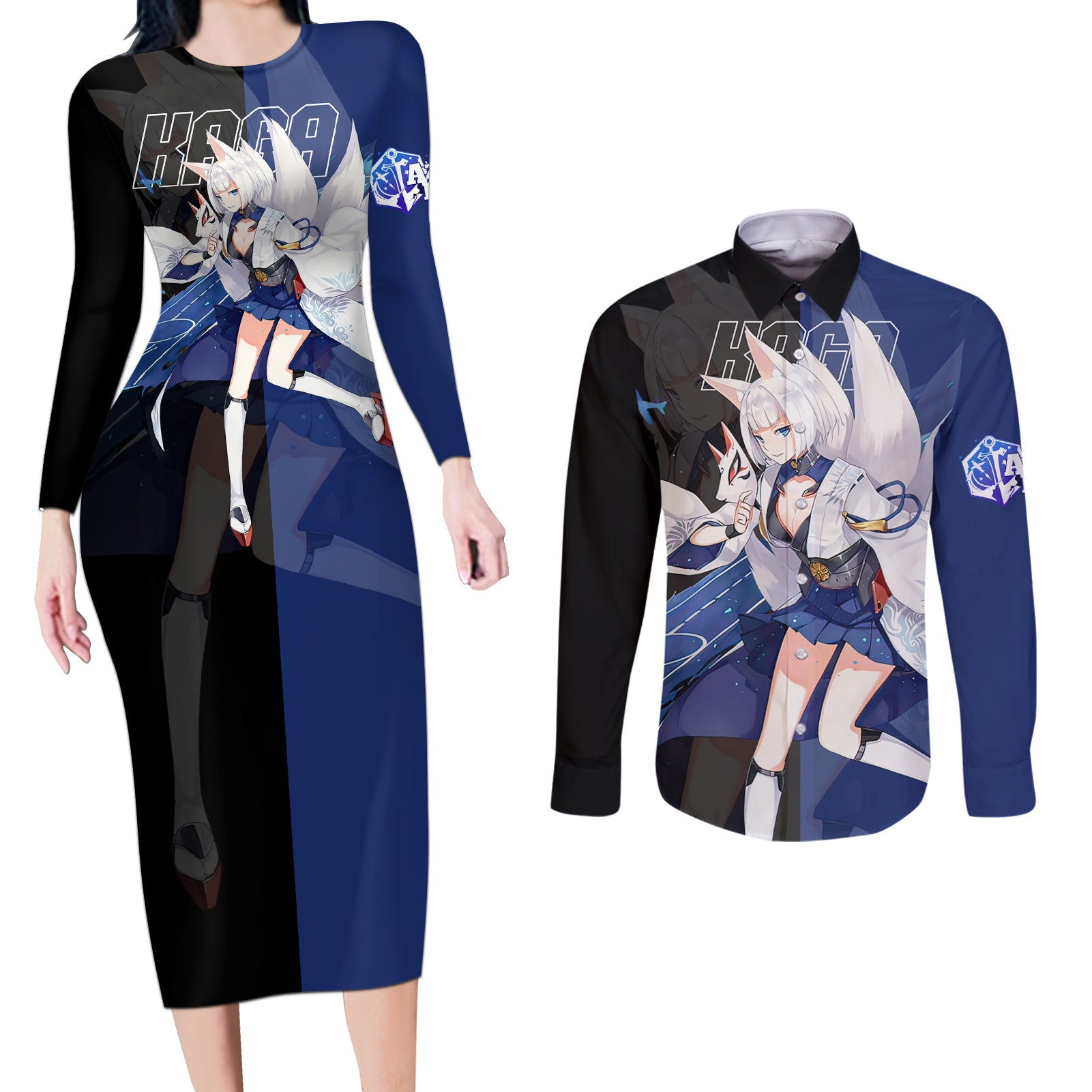 Kaga - Azur Lane Couples Matching Long Sleeve Bodycon Dress and Long Sleeve Button Shirt Anime Game Style