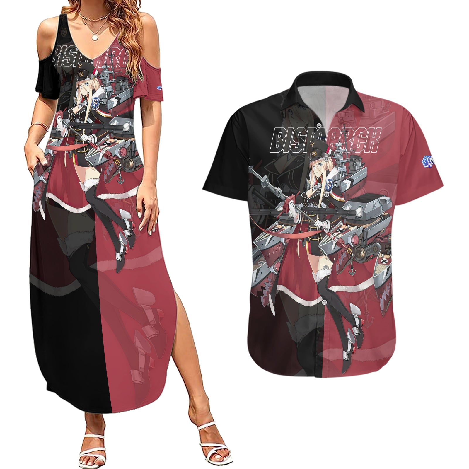 Bismarck - Azur Lane Couples Matching Summer Maxi Dress and Hawaiian Shirt Anime Game Style