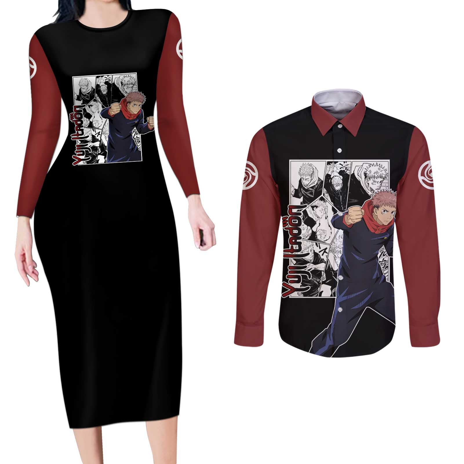 Yuji Itadori - Jujustu Kaisen Couples Matching Long Sleeve Bodycon Dress and Long Sleeve Button Shirt Anime Mix Manga Style