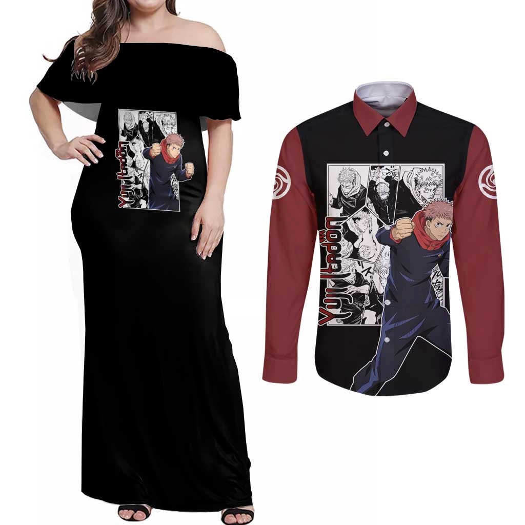 Yuji Itadori - Jujustu Kaisen Couples Matching Off Shoulder Maxi Dress and Long Sleeve Button Shirt Anime Mix Manga Style