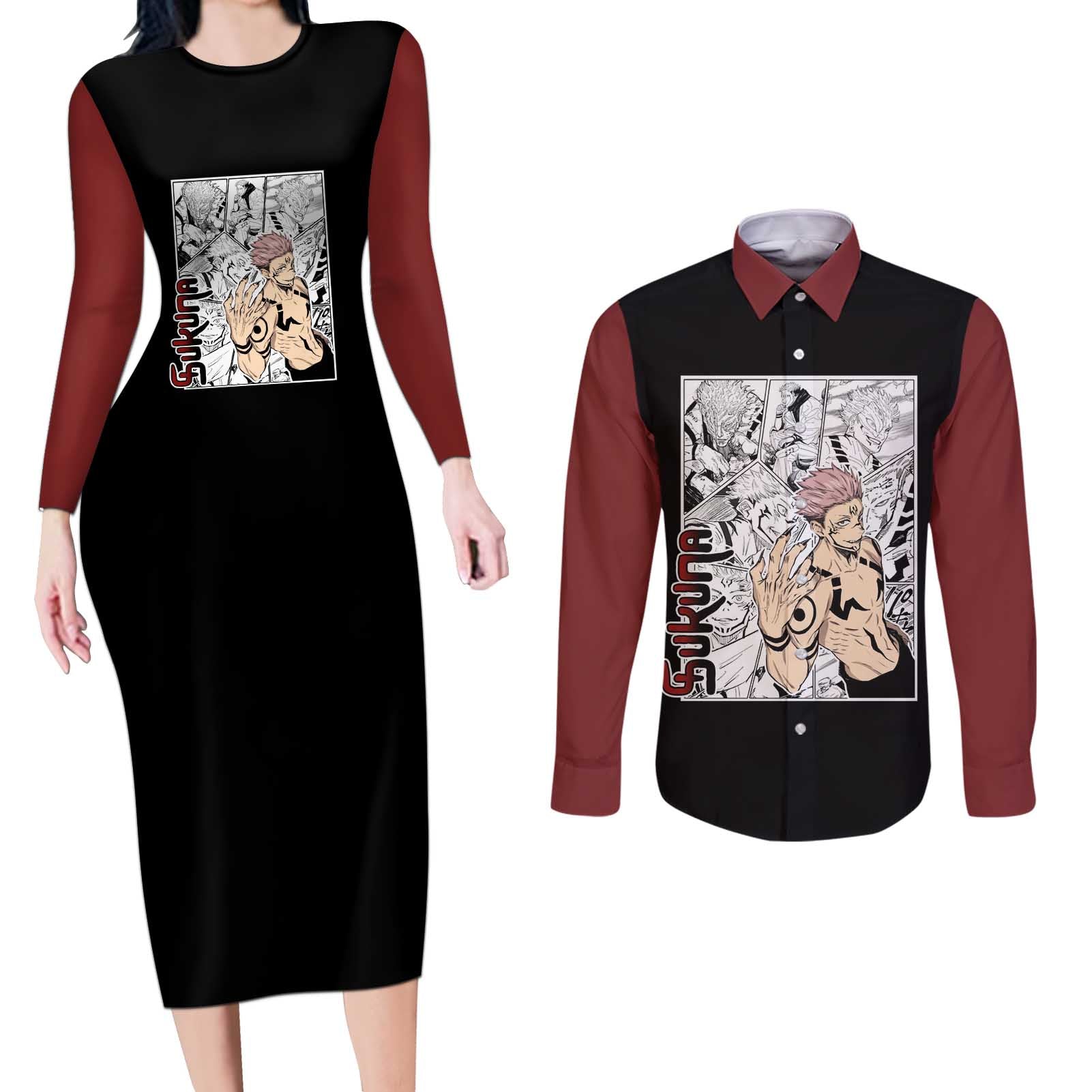 Sukuna - One Piece Couples Matching Long Sleeve Bodycon Dress and Long Sleeve Button Shirt Anime Mix Manga Style