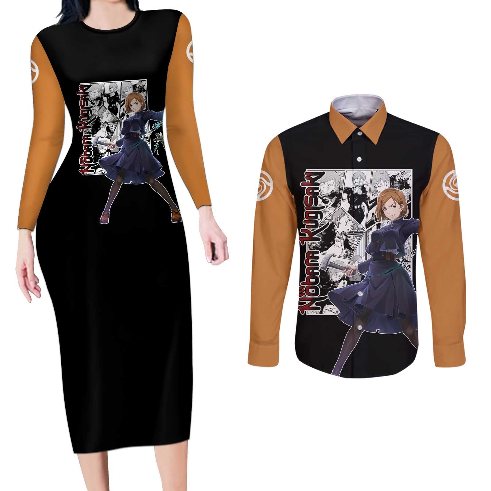 Nobara Kugisaki - Jujustu Kaisen Couples Matching Long Sleeve Bodycon Dress and Long Sleeve Button Shirt Anime Mix Manga Style