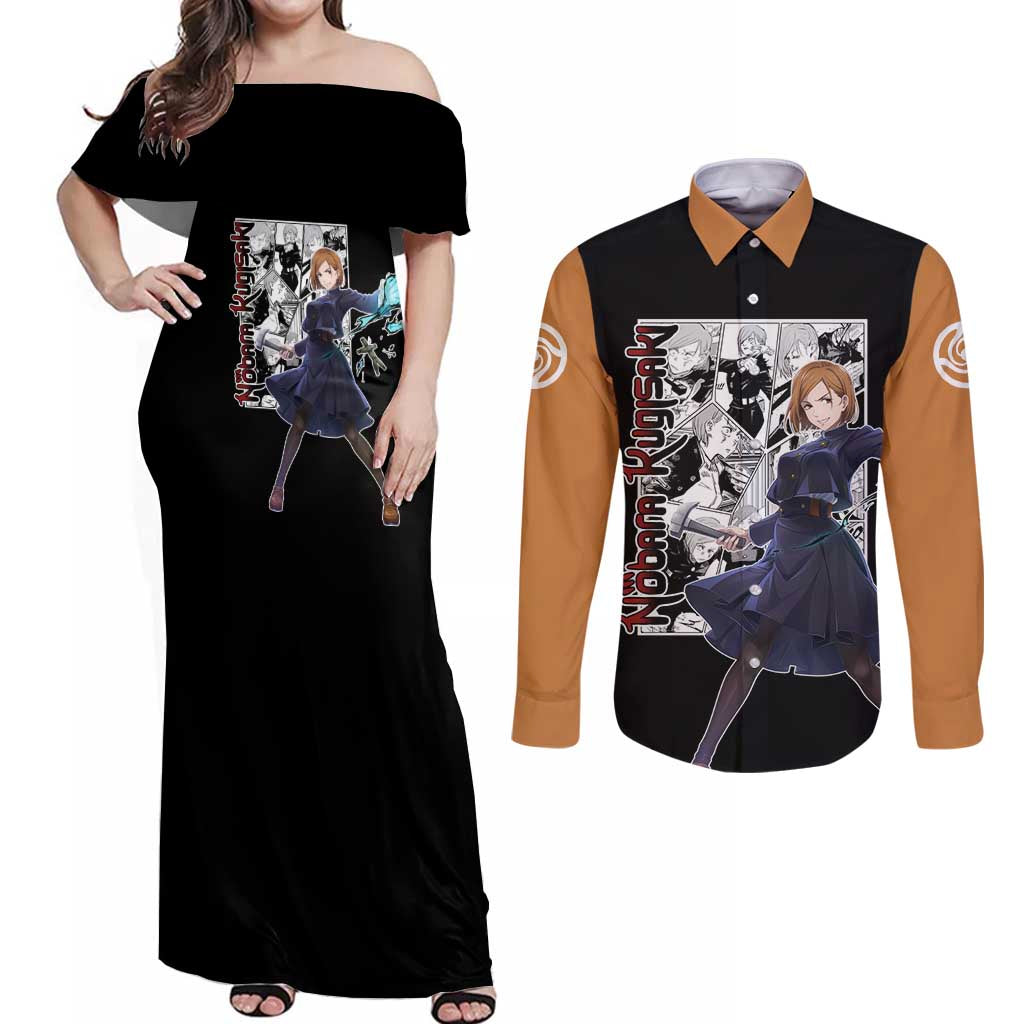 Nobara Kugisaki - Jujustu Kaisen Couples Matching Off Shoulder Maxi Dress and Long Sleeve Button Shirt Anime Mix Manga Style