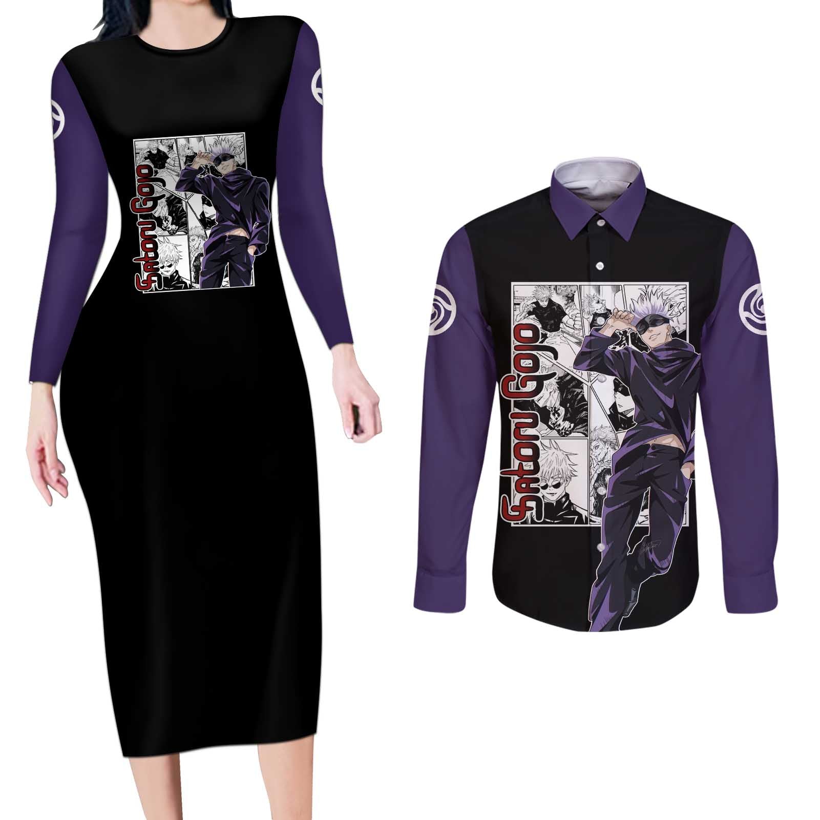 Satoru Gojo - Jujutsu Kaisen Couples Matching Long Sleeve Bodycon Dress and Long Sleeve Button Shirt Anime Mix Manga Style