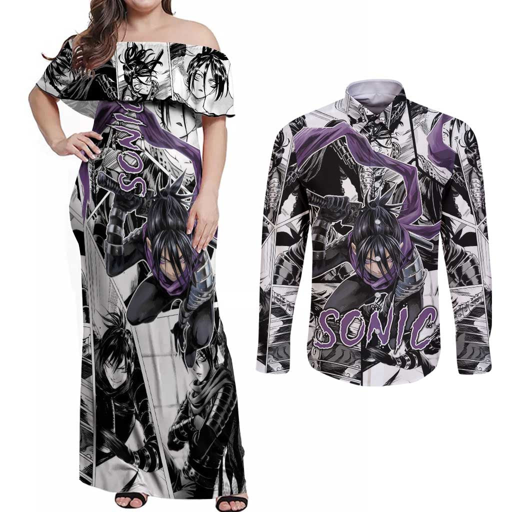 Sonic - One Punch Man Couples Matching Off Shoulder Maxi Dress and Long Sleeve Button Shirt Anime Mix Manga Style