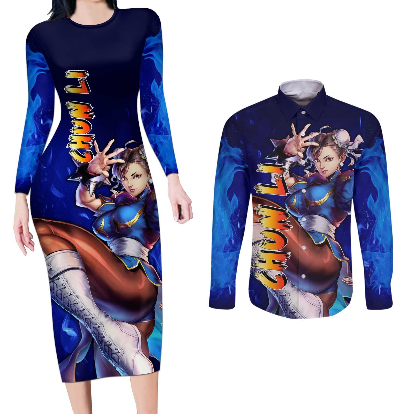 Chun Li - Street Fighter Couples Matching Long Sleeve Bodycon Dress and Long Sleeve Button Shirt Anime Mix Manga Style