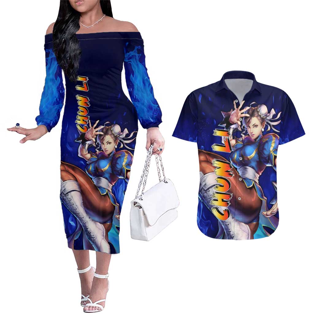 Chun Li - Street Fighter Couples Matching Off The Shoulder Long Sleeve Dress and Hawaiian Shirt Anime Mix Manga Style