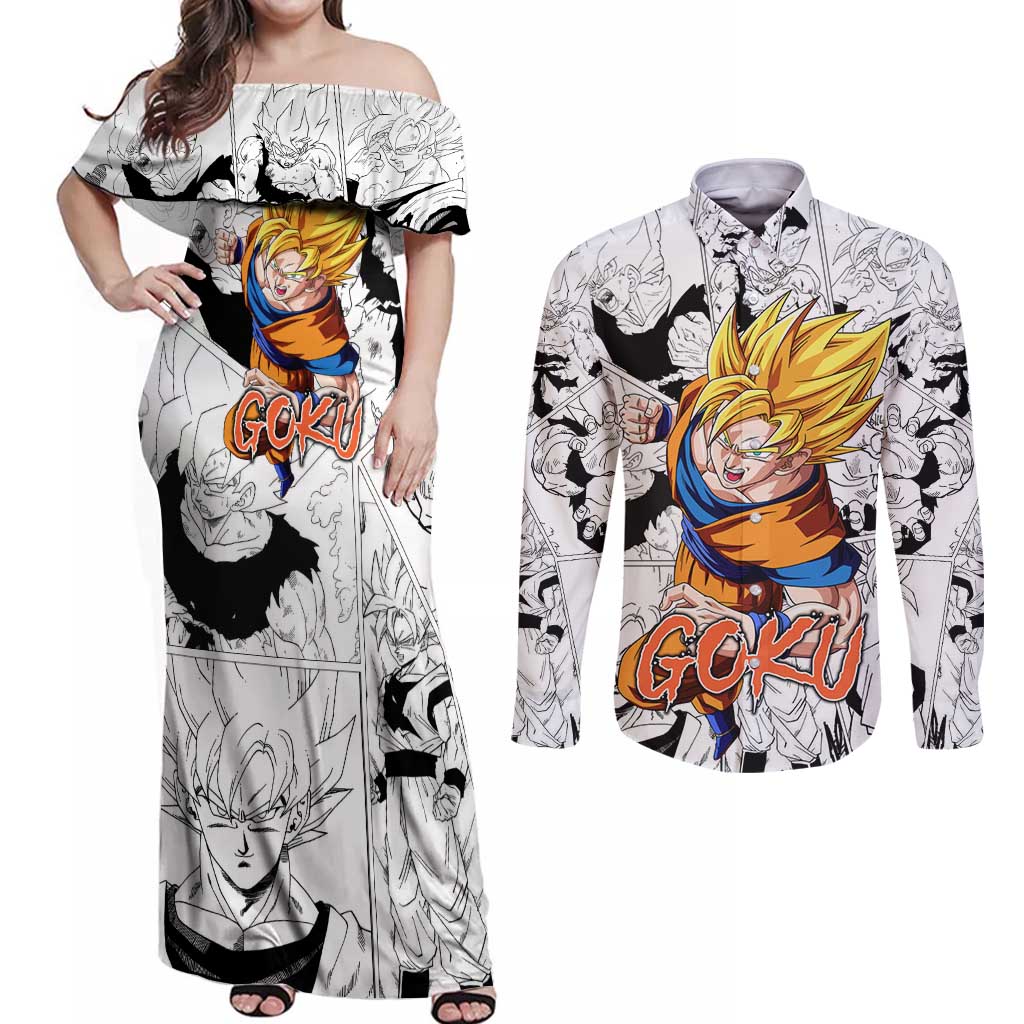 Goku Super Saiyan 2 - Dragon Ball Couples Matching Off Shoulder Maxi Dress and Long Sleeve Button Shirt Anime Mix Manga Style