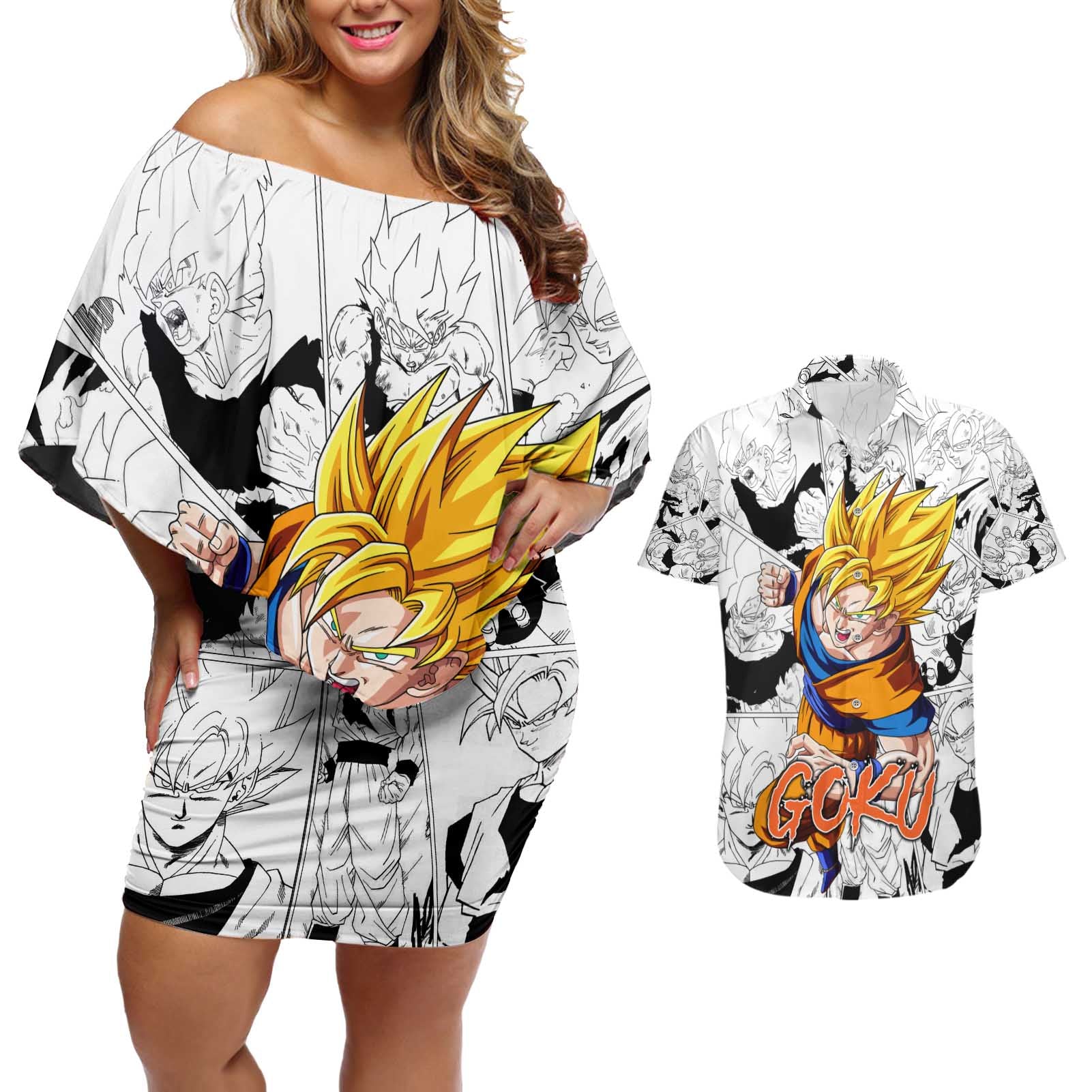 Goku Super Saiyan 2 - Dragon Ball Couples Matching Off Shoulder Short Dress and Hawaiian Shirt Anime Mix Manga Style