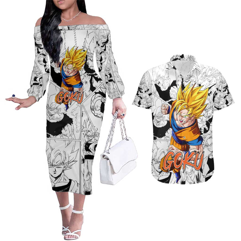 Goku Super Saiyan 2 - Dragon Ball Couples Matching Off The Shoulder Long Sleeve Dress and Hawaiian Shirt Anime Mix Manga Style