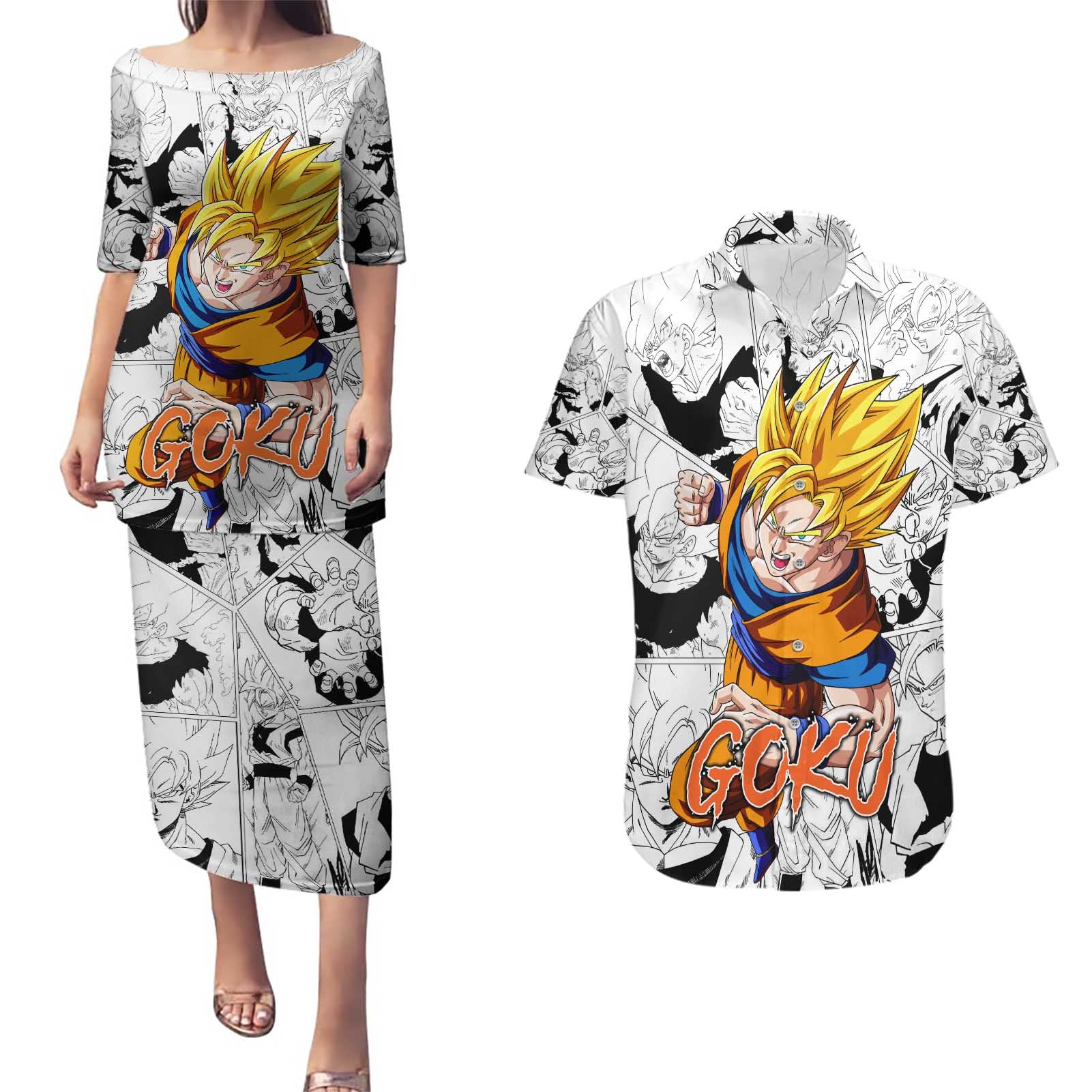 Goku Super Saiyan 2 - Dragon Ball Couples Matching Puletasi and Hawaiian Shirt Anime Mix Manga Style