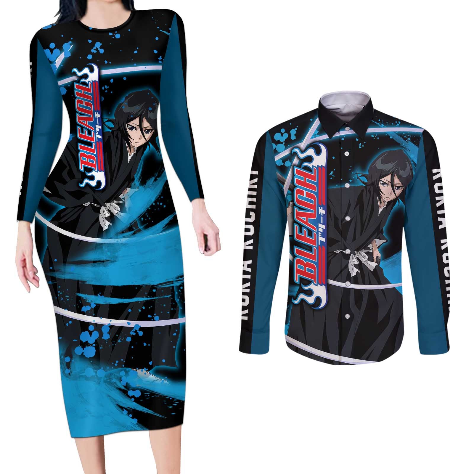 Rukia Kuchiki -  Bleach Couples Matching Long Sleeve Bodycon Dress and Long Sleeve Button Shirt Anime Style