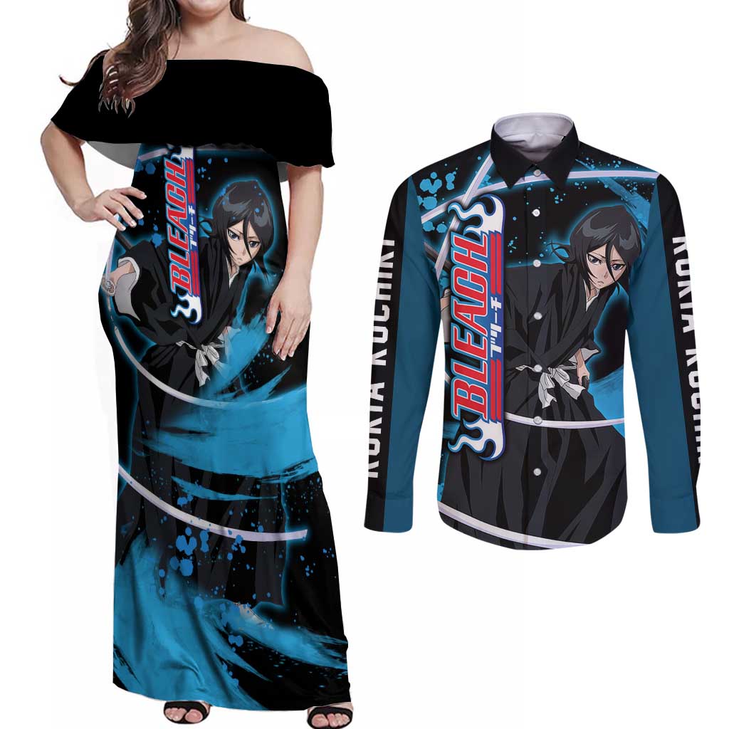 Rukia Kuchiki -  Bleach Couples Matching Off Shoulder Maxi Dress and Long Sleeve Button Shirt Anime Style