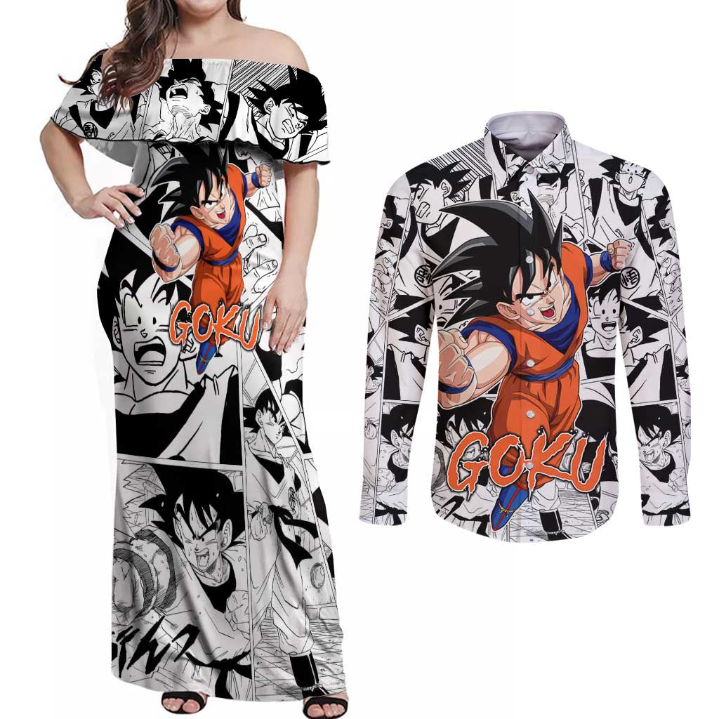 Goku - Dragon Ball Couples Matching Off Shoulder Maxi Dress and Long Sleeve Button Shirt Anime Style